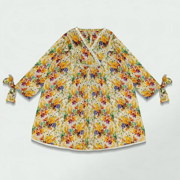 MULTI FLORAL DRESS WITH BOW SLEEVES