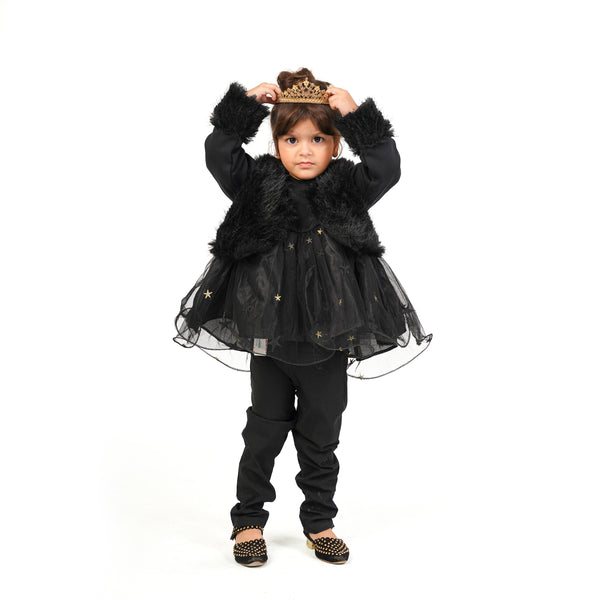 EMBELISHED NET FROCK WITH FUR JACKET