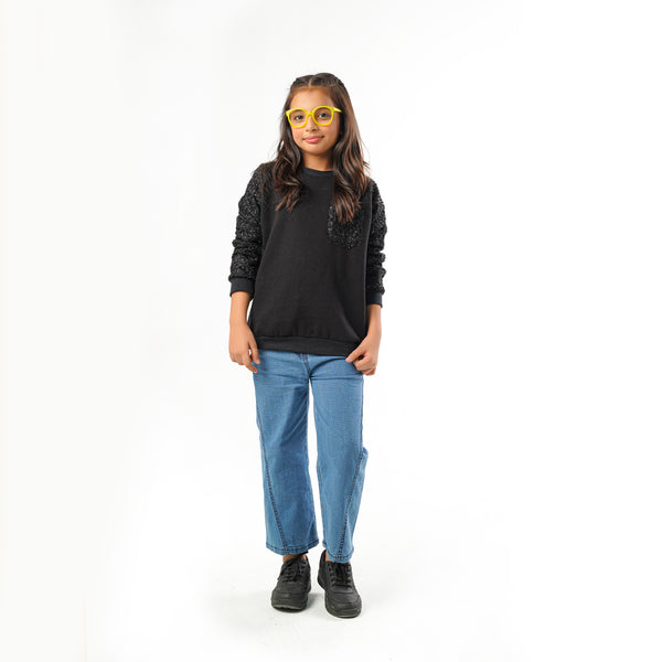 WOOLEN SWEAT SHIRT WITH EMBELLESHED SLEEVES